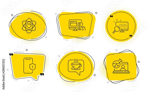 Online payment, Coffee and Online chemistry signs. Chat bubbles. Search, Atom and Smartphone protection line icons set. Find file, Electron, Phone. Money. Business set. Line search icon. Vector