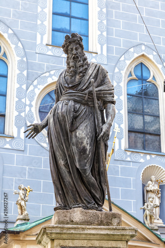 The Moses statue (1798) on the background Franziskanerkirche on Franziskanerplatz in the historic city center of Vienna
