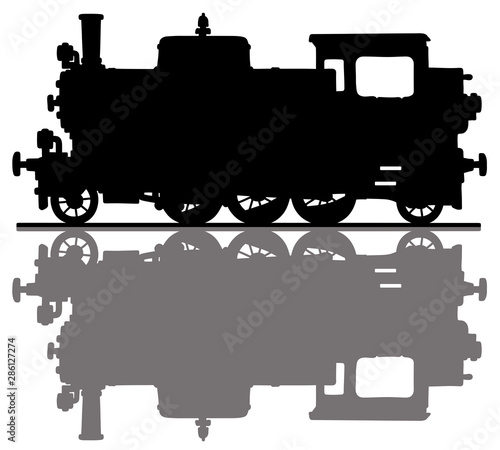 The hand drawing of a black silhouette of a vintage tank engine steam locomotive
