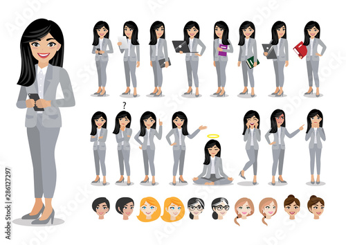 Businesswoman cartoon character set. Beautiful business woman in office style smart suit . Vector illustration photo