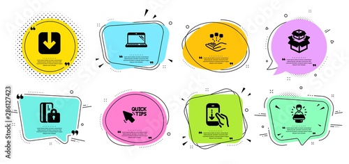 Brand ambassador, Scroll down and Consolidation line icons set. Chat bubbles with quotes. Load document, Blocked card and Laptop signs. Packing boxes, Quick tips symbols. Vector
