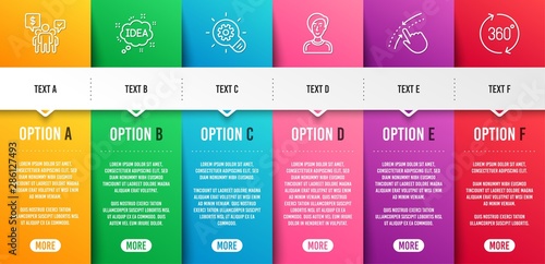 Teamwork, Cogwheel and Idea line icons set. Infographic timeline. Businesswoman person, Swipe up and 360 degrees signs. Employees chat, Idea bulb, Creative message. Female user. Business set. Vector