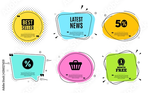 Latest news symbol. Best seller, quote text. Media newspaper sign. Daily information. Quotation bubble. Banner badge, texting quote boxes. Latest news text. Coupon offer. Vector