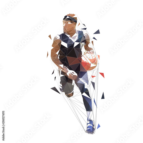 Basketball player running with ball, dribbling. Isolated vector low polygonal illustration, front view. Basketball point guard, geometric style