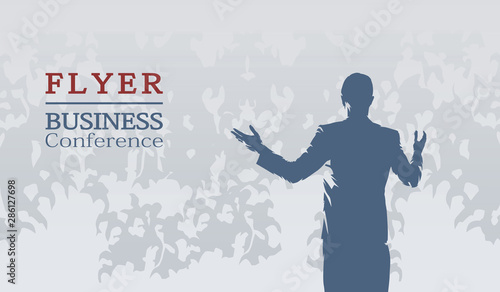 Speaker in suit gesturing at business conference in front of an audience, flat design vector illustration, business meeting or political campaign, flyer