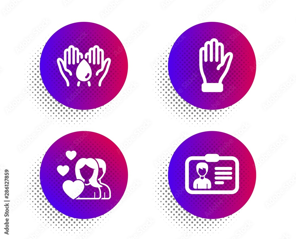 Hand, Couple and Safe water icons simple set. Halftone dots button. Identification card sign. Waving palm, Valentines day, Hold drop. Person document. People set. Classic flat hand icon. Vector Hand, Couple and Safe water icons simple set. Halftone dots button. Identification card sign. Waving palm, Valentines day, Hold drop. Person document. People set. Classic flat hand icon. Vector