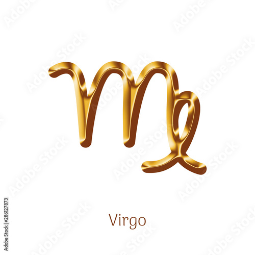 Virgo golden zodiac sign isolated on white background. Star sign for astrology horoscope prediction. Luxury zodiac stylized symbol. Realistic gold design of horoscope constellation vector illustration