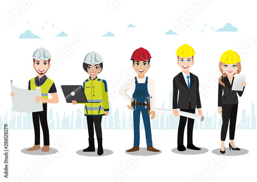 Engineer , technician, builders and mechanics people teamwork cartoon character or flat icon style. Vector illustration