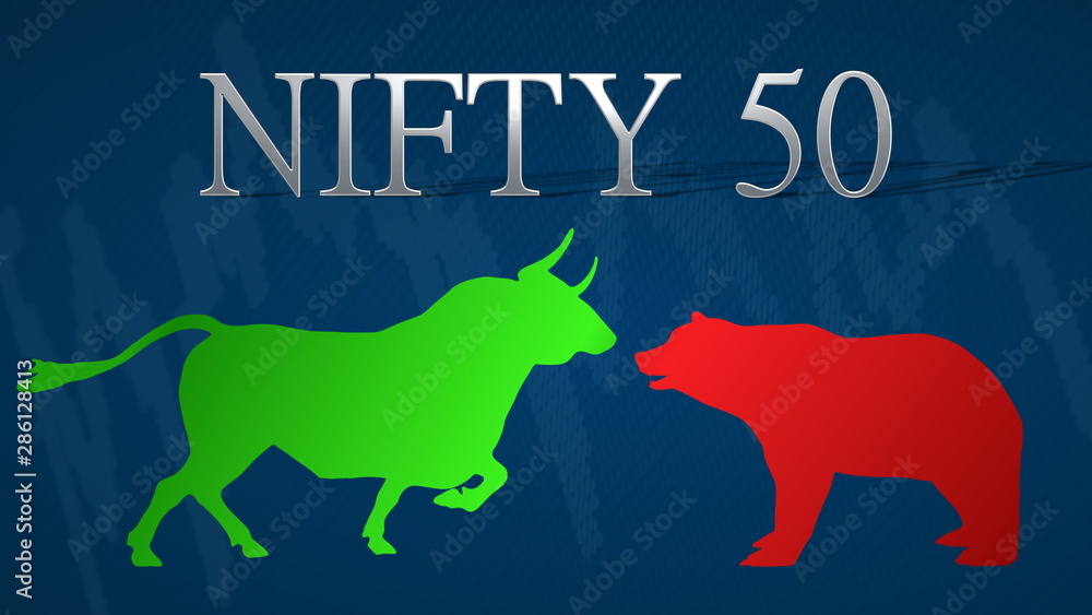 Illustration of standoff between the market's bulls and bears in the stock market index NIFTY 50, National Stock Exchange of India. A green bull versus a red bear with a blue background and a chart.