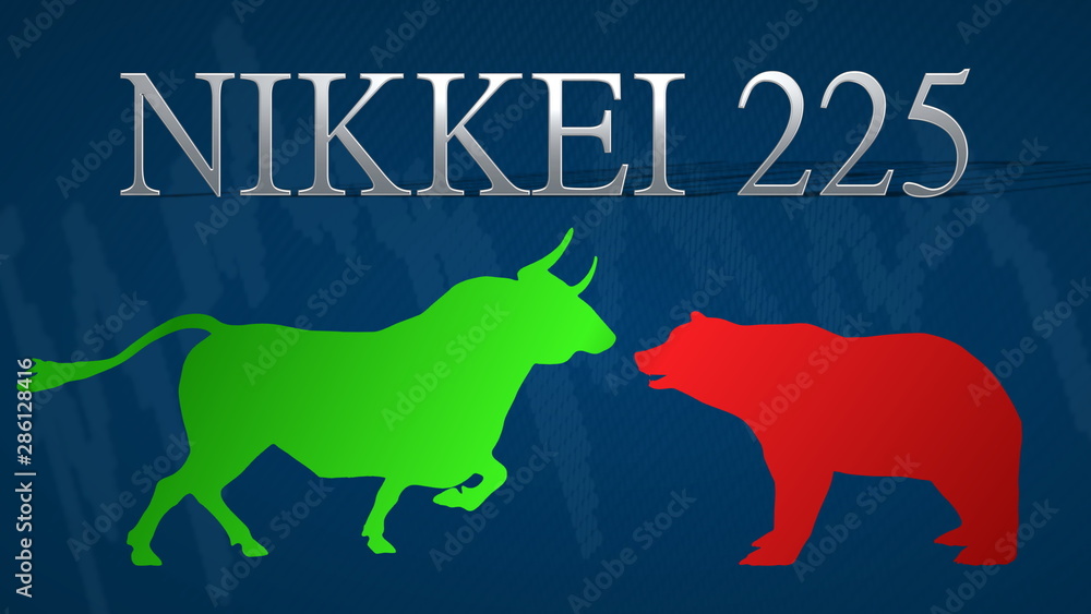 Illustration of a standoff between the market's bulls and bears in the Japanese stock market index Nikkei 225. A green bull versus a red bear with a blue background and a typical chart.
