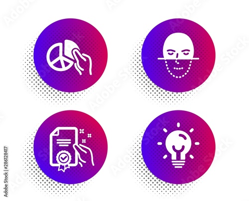 Pie chart, Face recognition and Certificate icons simple set. Halftone dots button. Energy sign. Presentation graph, Faces biometrics, Certified guarantee. Lightbulb. Technology set. Vector