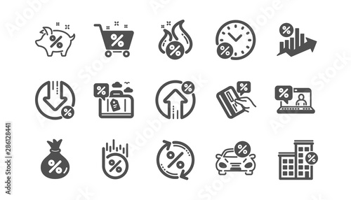 Loan icons. Investment, Interest rate and Percentage diagram. Car leasing classic icon set. Quality set. Vector