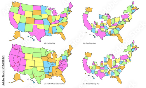 Four USA Maps, Political, Population, Electoral College and Federal Reserve Districts.