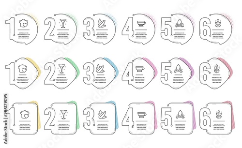Gluten free, Sunflower seed and Water splash line icons set. Infographic timeline. Love cooking, Cocktail and Dry cappuccino signs. Bio ingredients, Vegetarian food, Aqua drop. Chef hat. Vector