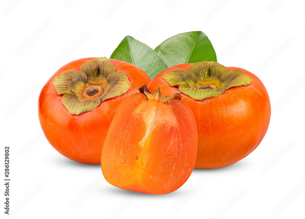 fresh ripe persimmons with leaf isolated on white background. full depth of field fresh ripe persimmons with leaf isolated on white background. full depth of field