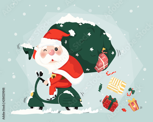 Christmas Santa clause ride scooter delivery present boxes  christmas cute flat vector
