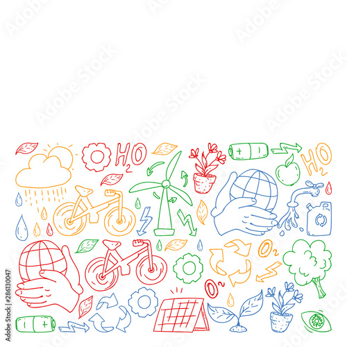Vector logo, design and badge in trendy drawing style - zero waste concept, recycle and reuse, reduce - ecological lifestyle and sustainable developments icons.