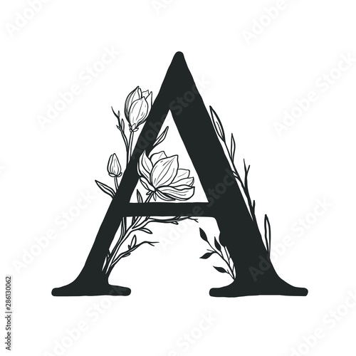 Beautiful hand drawn monogram with magnolia flowers. Vector illustration with capital letter "A" decorated with flowers. 