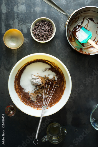 Overhead view of preparation of chocolate brownies photo