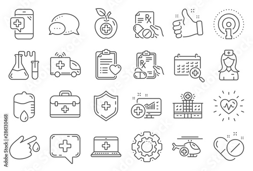 Medical rx line icons. Hospital assistance, Ambulance, Health food diet, Laboratory tubes icons. First aid kit, Medical doctor, Prescription Rx recipe. Drop counter, Ambulance emergency car. Vector