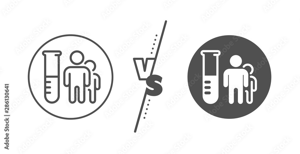 Medicine beaker sign. Versus concept. Medical analyzes line icon. Pharmacy medication symbol. Line vs classic medical analyzes icon. Vector Medicine beaker sign. Versus concept. Medical analyzes line icon. Pharmacy medication symbol. Line vs classic medical analyzes icon. Vector