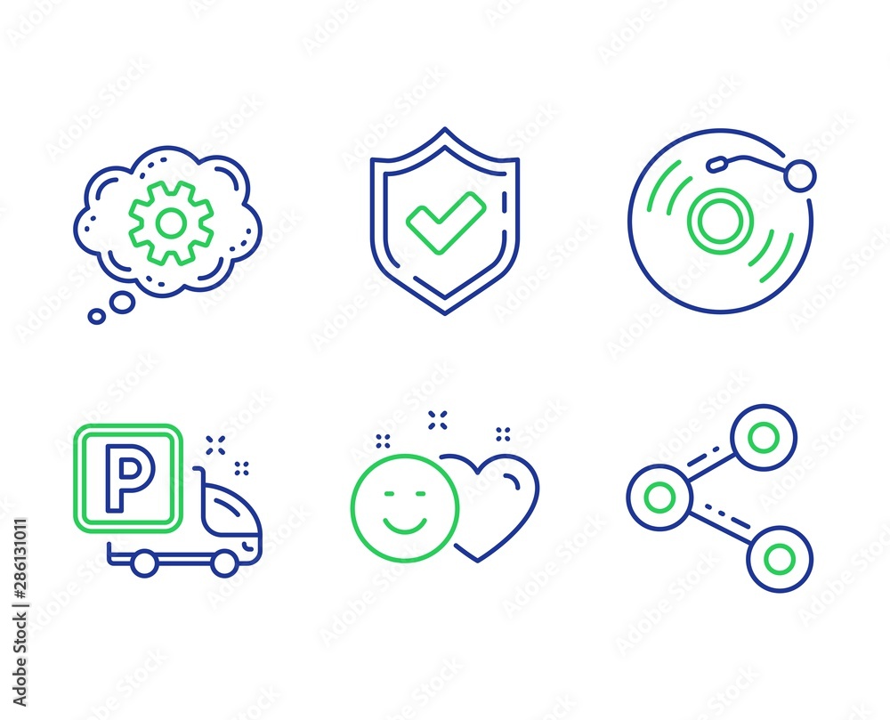 Smile, Confirmed and Vinyl record line icons set. Cogwheel, Truck parking and Share signs. Social media like, Accepted message, Retro music. Engineering tool. Business set. Vector Smile, Confirmed and Vinyl record line icons set. Cogwheel, Truck parking and Share signs. Social media like, Accepted message, Retro music. Engineering tool. Business set. Vector