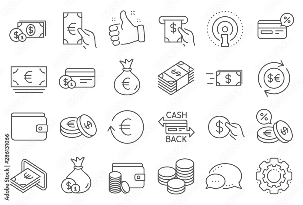 Money wallet line icons. Set of Credit card, Cash and Coins icons. Banking, Currency exchange and Cashback service. Wallet, Euro and Dollar money, credit card. Cash exchange, bank payment. Vector Money wallet line icons. Set of Credit card, Cash and Coins icons. Banking, Currency exchange and Cashback service. Wallet, Euro and Dollar money, credit card. Cash exchange, bank payment. Vector
