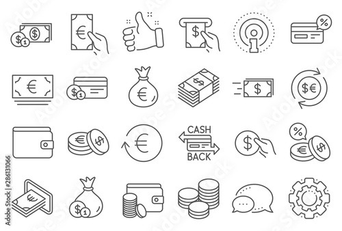 Money wallet line icons. Set of Credit card, Cash and Coins icons. Banking, Currency exchange and Cashback service. Wallet, Euro and Dollar money, credit card. Cash exchange, bank payment. Vector