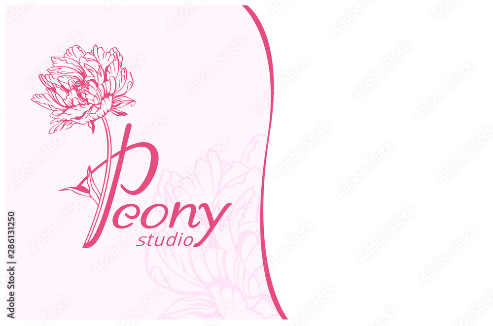 Obraz premium Peony logo. Business cards design template with monogram letter P and pink peony flowers on white background. Romantic design for natural cosmetics, perfume, women products. Peony studio.