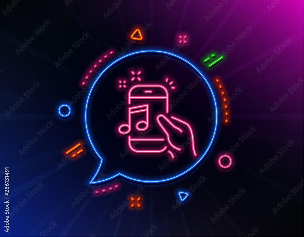 Music in phone line icon. Neon laser lights. Mobile radio sign. Musical device symbol. Glow laser speech bubble. Neon lights chat bubble. Banner badge with music phone icon. Vector