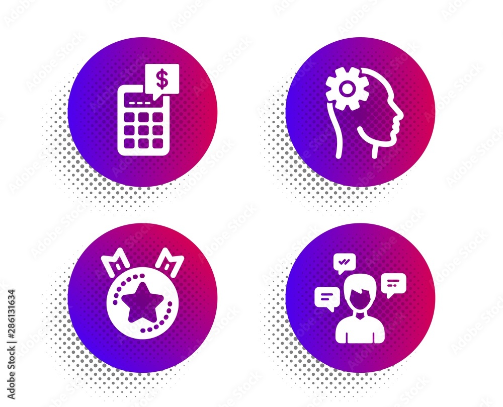 Engineering, Calculator and Ranking star icons simple set. Halftone dots button. Conversation messages sign. Cogwheel head, Money management, Winner medal. Communication. Technology set. Vector Engineering, Calculator and Ranking star icons simple set. Halftone dots button. Conversation messages sign. Cogwheel head, Money management, Winner medal. Communication. Technology set. Vector