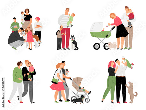 Parents situation. Happy family with children and dog at home and in park in love spending time together vector illustration
