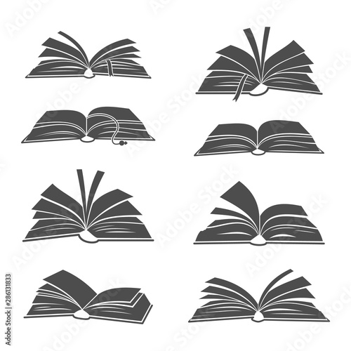 Books black silhouettes illustration. Vector open book icons for science, school studying and reading images