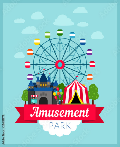 Amusement park poster. Children entertainment fun fair park background for invitations, carnival theme image with carousel, festival tents and funny party flags