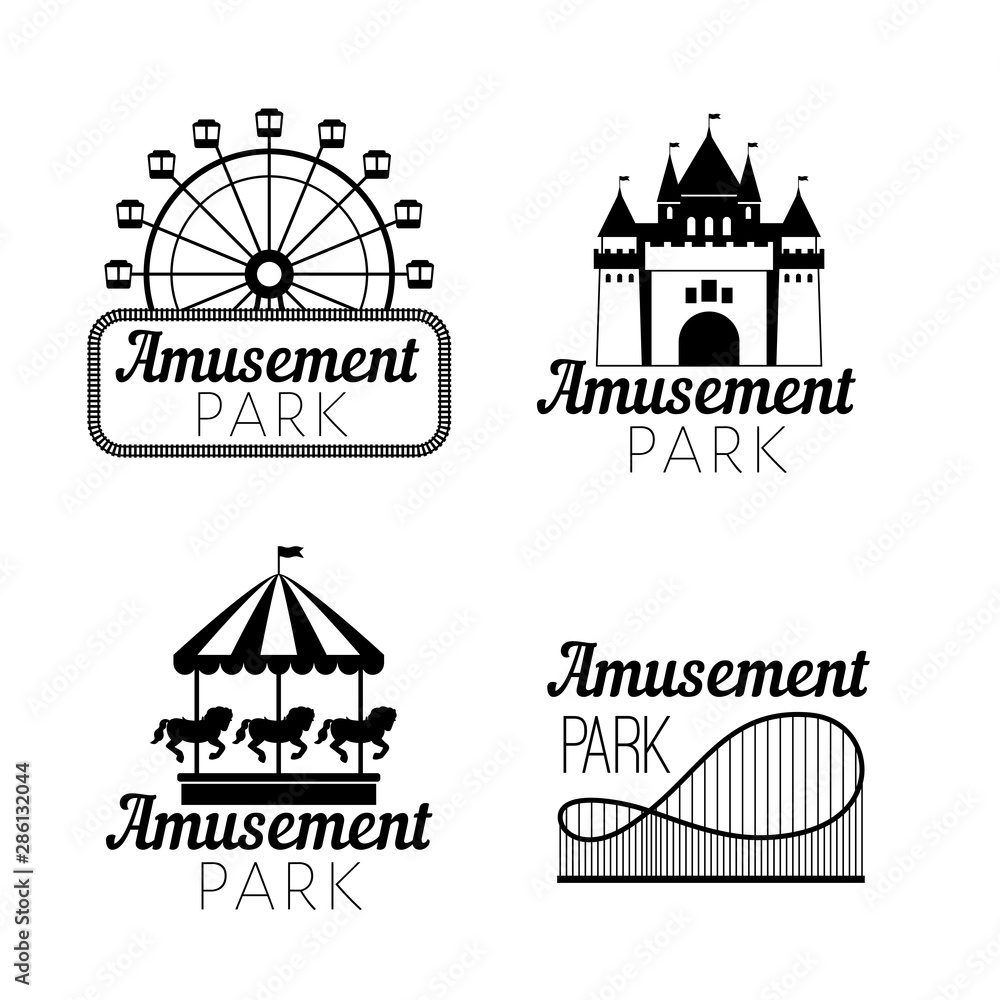 Black amusement park emblems. Carnival funfair logo with ferris wheel, horse carousel, castle silhouette, roller coaster for circus stamps and festive image concepts