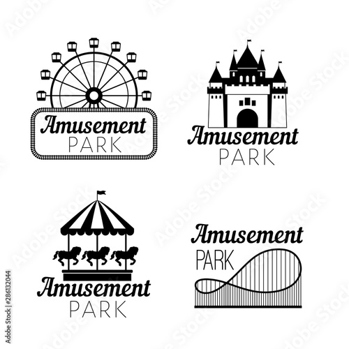 Black amusement park emblems. Carnival funfair logo with ferris wheel, horse carousel, castle silhouette, roller coaster for circus stamps and festive image concepts