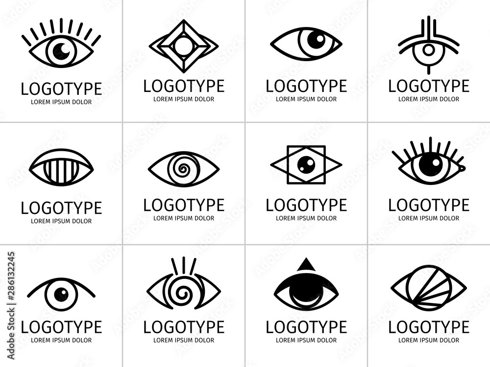 Eye logo black set. Eyes graphic symbols, vector secret and spy, healthy vision and creative eyeball logo set on white - obrazy, fototapety, plakaty 