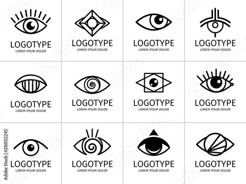 Eye logo black set. Eyes graphic symbols, vector secret and spy, healthy vision and creative eyeball logo set on white