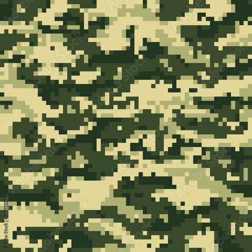 Green digital pixel camouflage seamless pattern. Vector