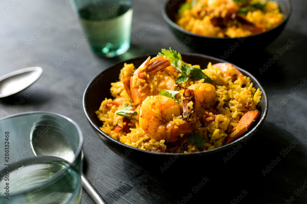 Close up of Sri Lankan shrimp biryani served in bowl Close up of Sri Lankan shrimp biryani served in bowl