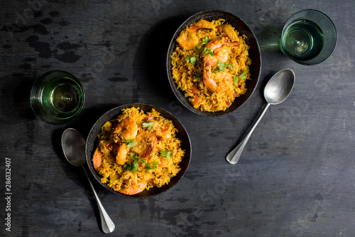Overhead view of Sri Lankan shrimp biryani served in bowl