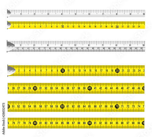 Ruler measuring tapes. Vector long tape set for measure, inches and metric meters, measurable yellow and white objects isolated on white background