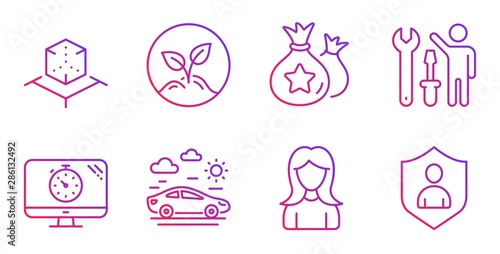 Woman, Repairman and Loyalty points line icons set. Car travel, Startup and Augmented reality signs. Seo timer, Security symbols. Girl profile, Repair screwdriver. Business set. Vector