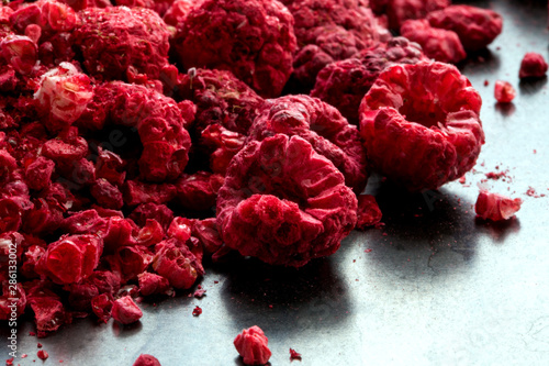 Close up of freeze dried raspberries photo