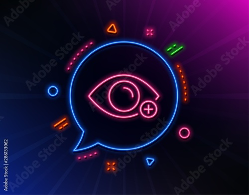 Farsightedness line icon. Neon laser lights. Eye diopter sign. Optometry vision symbol. Glow laser speech bubble. Neon lights chat bubble. Banner badge with farsightedness icon. Vector
