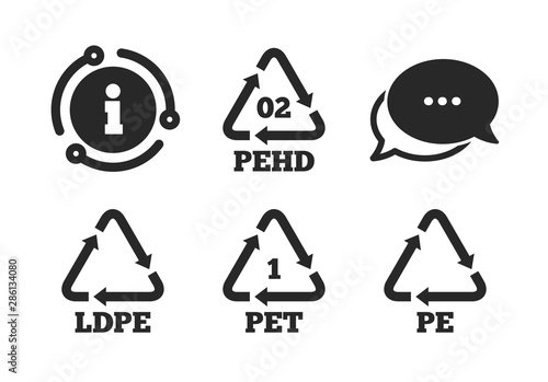 High-density Polyethylene terephthalate sign. Chat, info sign. PET, Ld-pe and Hd-pe icons. Recycling symbol. Classic style speech bubble icon. Vector