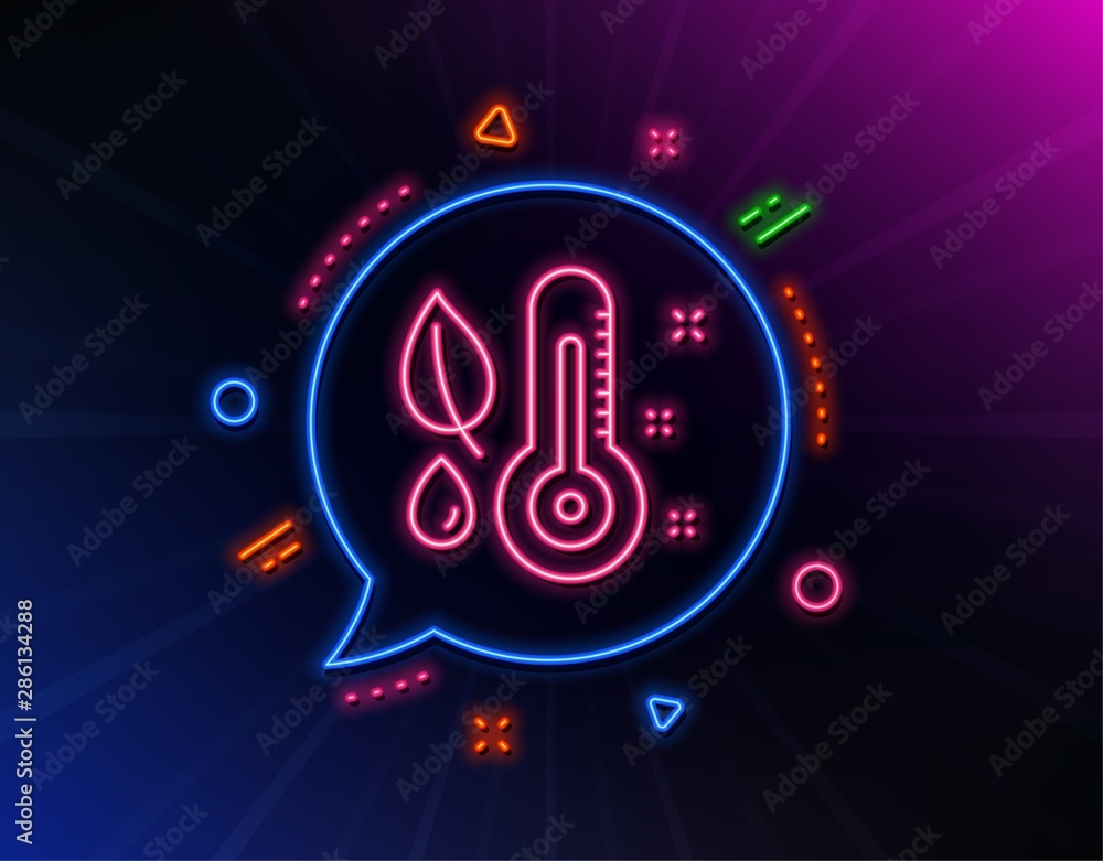 Thermometer line icon. Neon laser lights. Humidity and leaf sign. Moisture symbol. Glow laser speech bubble. Neon lights chat bubble. Banner badge with thermometer icon. Vector
