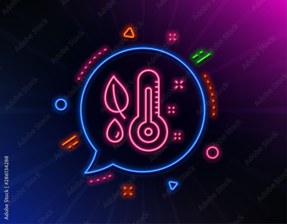 Fototapeta premium Thermometer line icon. Neon laser lights. Humidity and leaf sign. Moisture symbol. Glow laser speech bubble. Neon lights chat bubble. Banner badge with thermometer icon. Vector