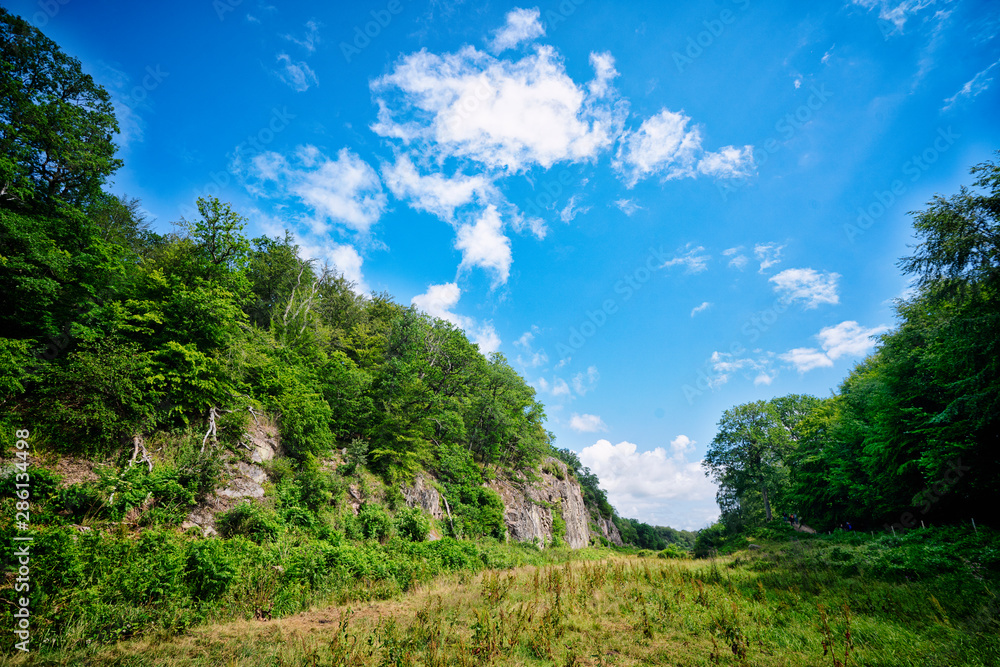 Valley with green fields under a blue sky