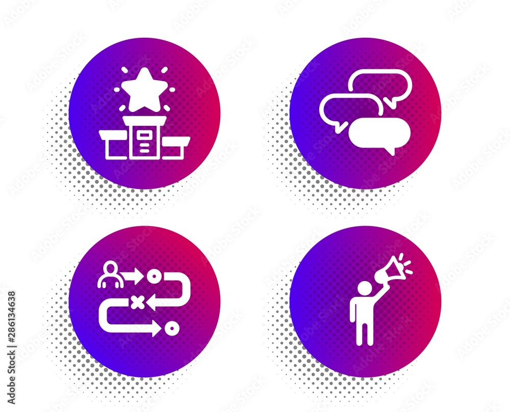 Winner podium, Journey path and Talk bubble icons simple set. Halftone dots button. Brand ambassador sign. First place, Project process, Chat message. Megaphone. Technology set. Vector